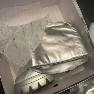 Amina Muaddi Silver Metallic Skirt and Boots Set